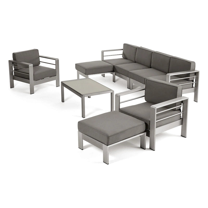 Ensemble de sofa modulaire d'extérieur en aluminium à 6 places avec poufs et table basse Cape Coral par Christopher Knight Home