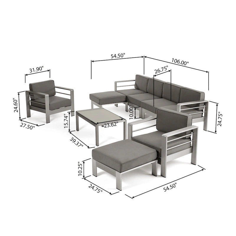 Ensemble de sofa modulaire d'extérieur en aluminium à 6 places avec poufs et table basse Cape Coral par Christopher Knight Home