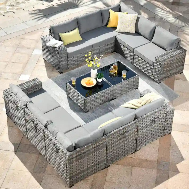 OVIOS Salon de jardin en osier 12 pièces à accoudoirs larges avec table