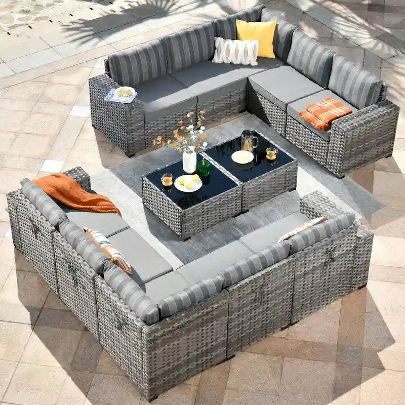 OVIOS Salon de jardin en osier 12 pièces à accoudoirs larges avec table