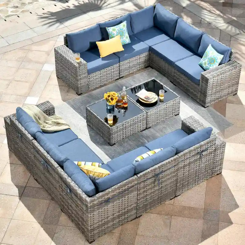 OVIOS Salon de jardin en osier 12 pièces à accoudoirs larges avec table