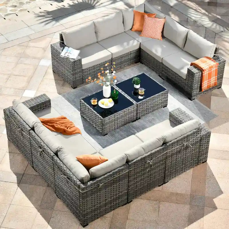 OVIOS Salon de jardin en osier 12 pièces à accoudoirs larges avec table