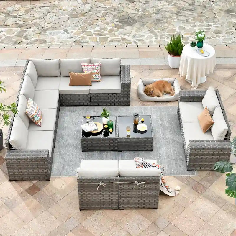 OVIOS Salon de jardin en osier 12 pièces à accoudoirs larges avec table