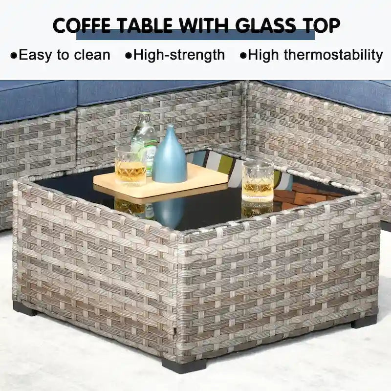 OVIOS Salon de jardin en osier 12 pièces à accoudoirs larges avec table