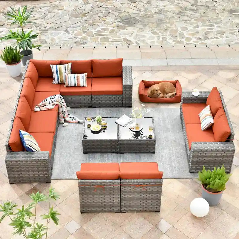 OVIOS Salon de jardin en osier 12 pièces à accoudoirs larges avec table