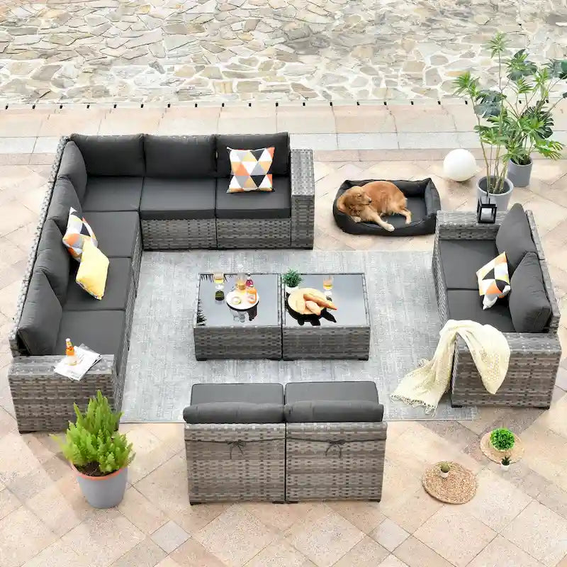 OVIOS Salon de jardin en osier 12 pièces à accoudoirs larges avec table