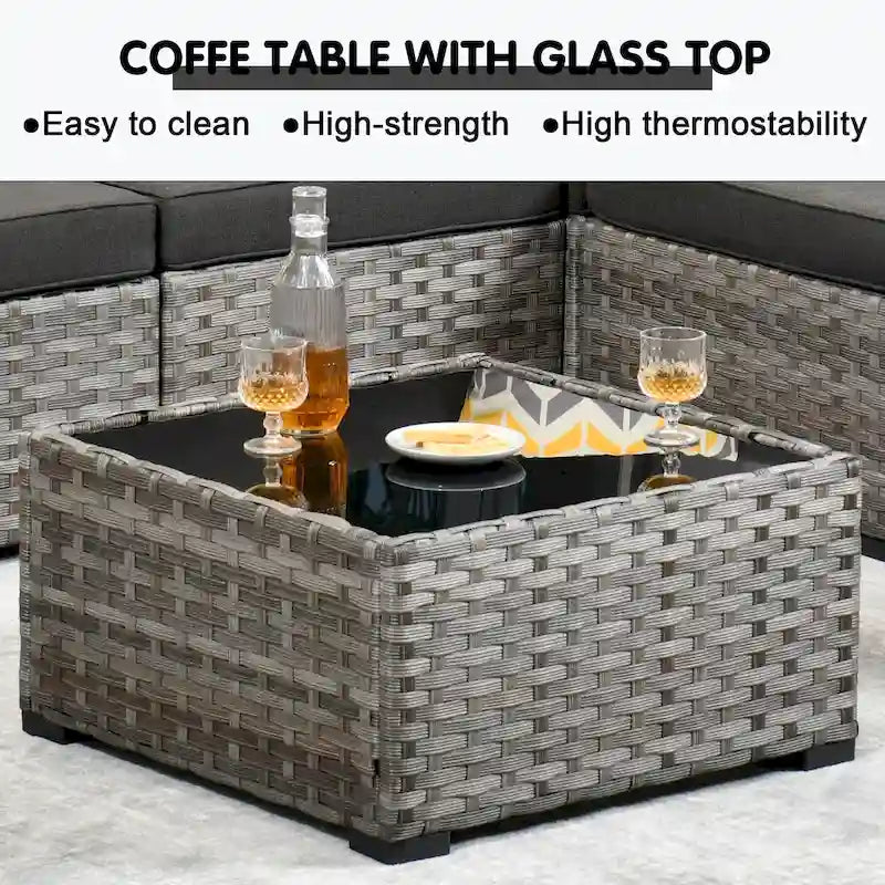 OVIOS Salon de jardin en osier 12 pièces à accoudoirs larges avec table