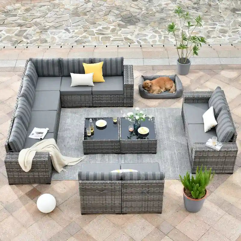 OVIOS Salon de jardin en osier 12 pièces à accoudoirs larges avec table