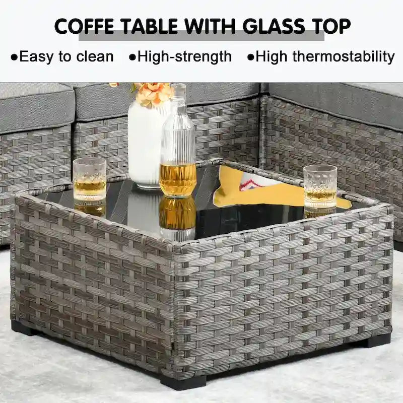 OVIOS Salon de jardin en osier 12 pièces à accoudoirs larges avec table