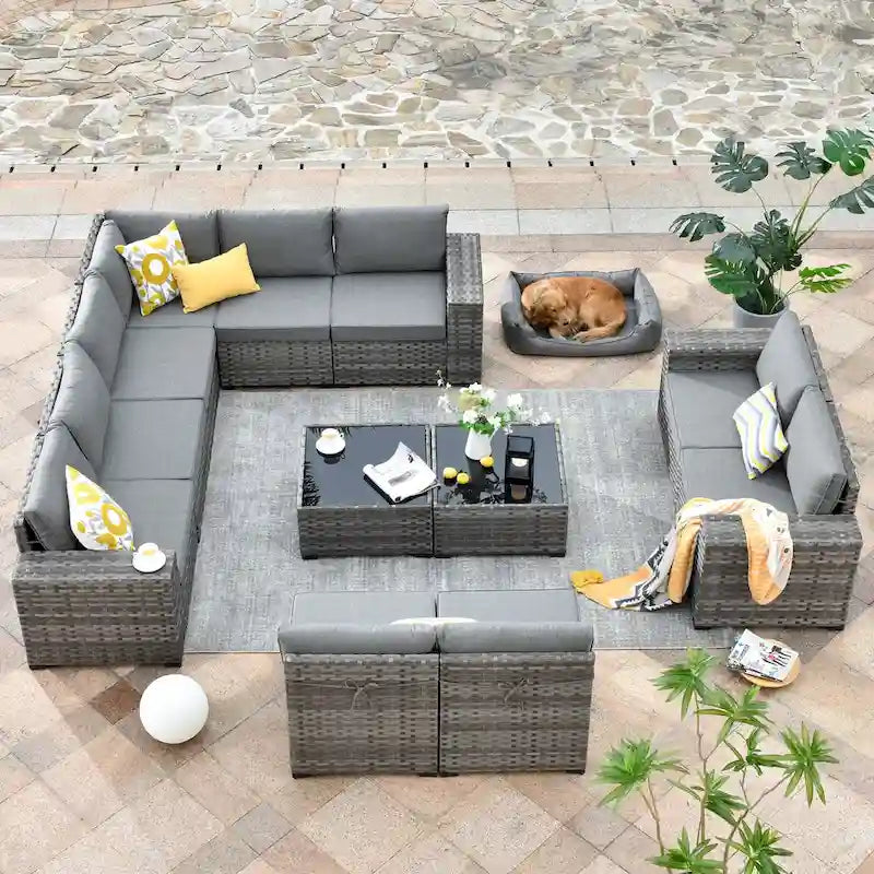OVIOS Salon de jardin en osier 12 pièces à accoudoirs larges avec table