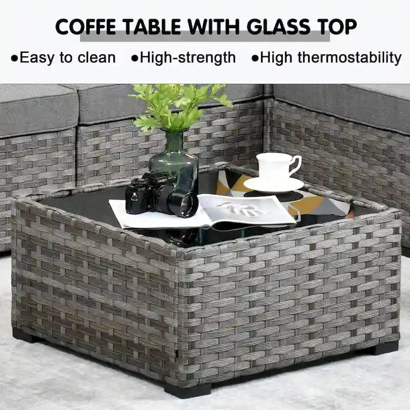 OVIOS Salon de jardin en osier 12 pièces à accoudoirs larges avec table