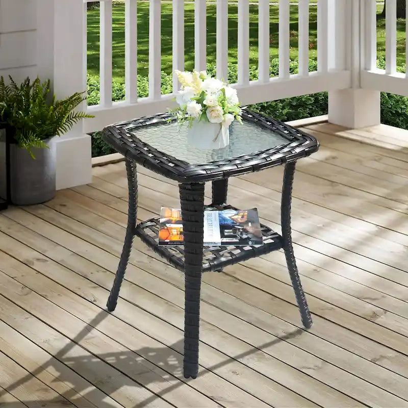 Table d'appoint d'extérieur en osier OVIOS avec plateau en verre