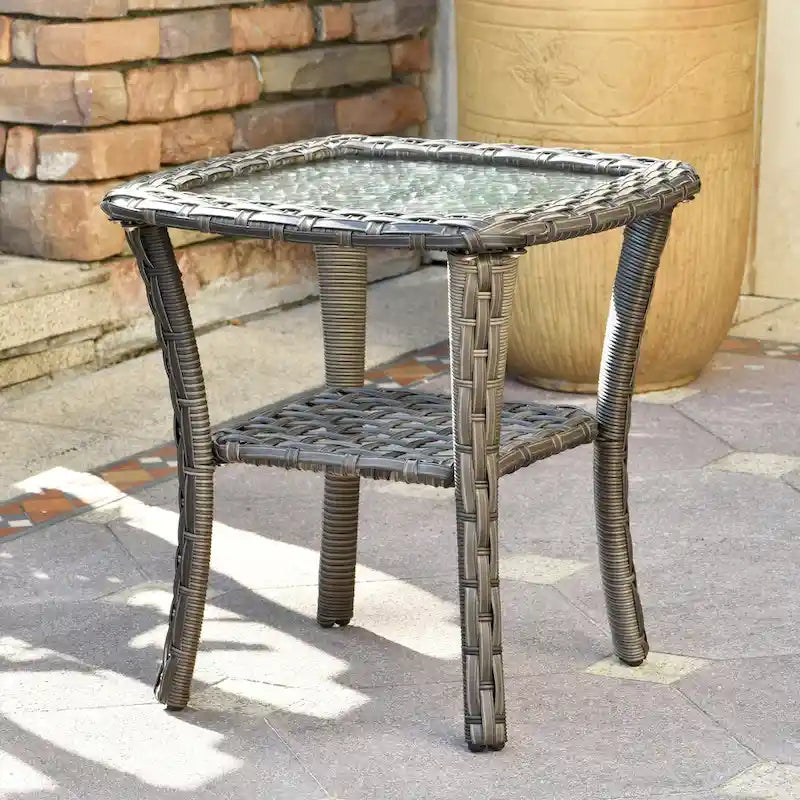 Table d'appoint d'extérieur en osier OVIOS avec plateau en verre