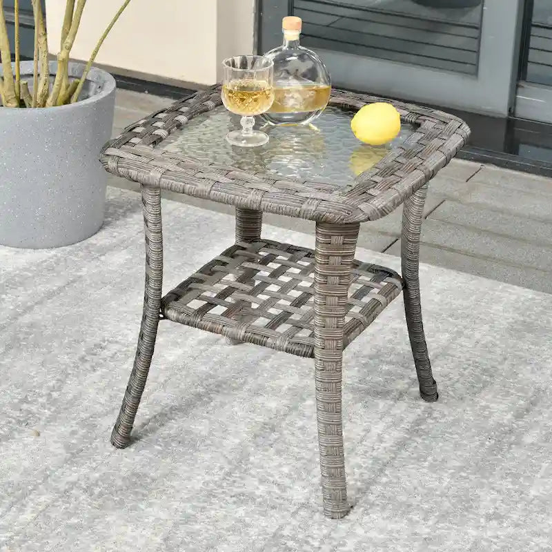 Table d'appoint d'extérieur en osier OVIOS avec plateau en verre