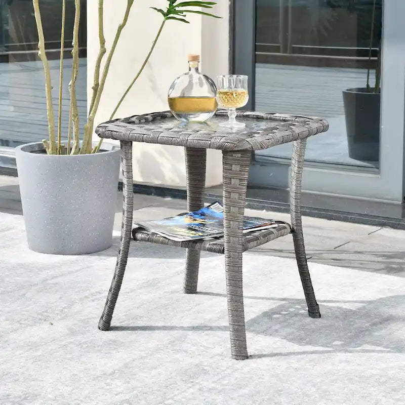 Table d'appoint d'extérieur en osier OVIOS avec plateau en verre