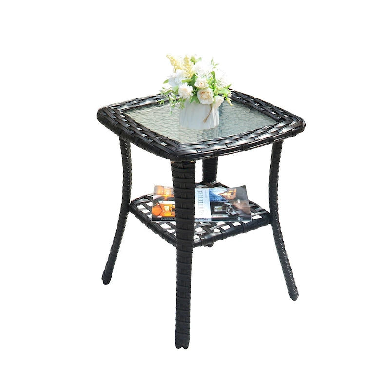 Table d'appoint d'extérieur en osier OVIOS avec plateau en verre