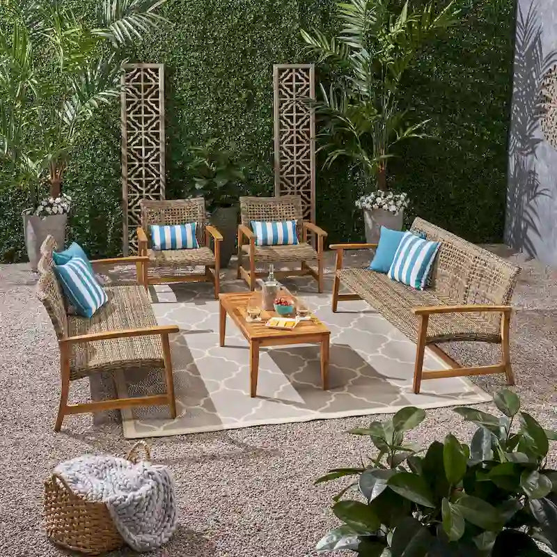 Hampton Outdoor 5-piece Wood and Wicker Sofa Chat Set by Christopher Knight Home