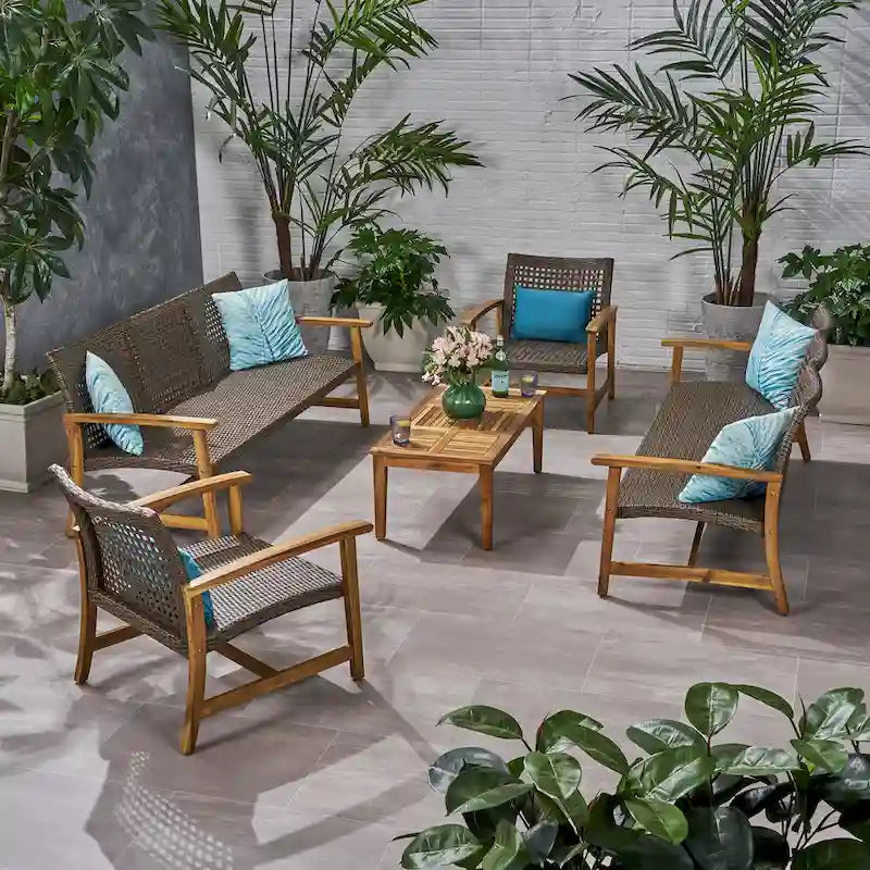 Ensemble de conversation d'extérieur Hampton de 5 pièces en bois et osier par Christopher Knight Home