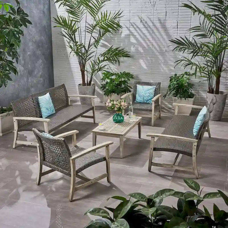 Ensemble de conversation d'extérieur Hampton de 5 pièces en bois et osier par Christopher Knight Home