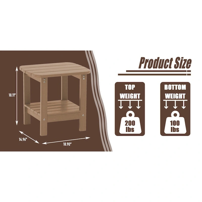 Table d'appoint d'extérieur carrée double étage en résine HIPS de 18,9 pouces