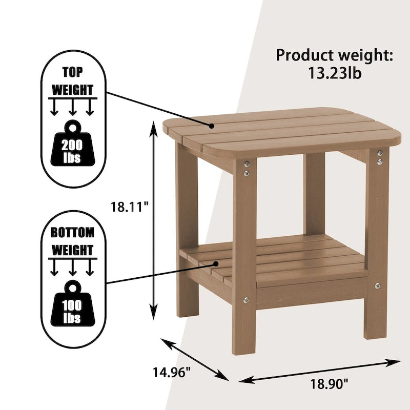 Table d'appoint d'extérieur carrée double étage en résine HIPS de 18,9 pouces
