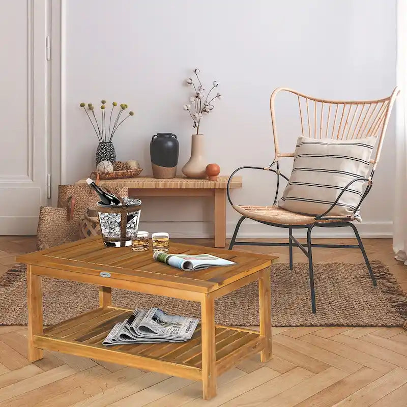 Table basse d'extérieur 2 étagères en bois d'acacia rectangulaire, organisateur de rangement buffet, finition naturelle, pour terrasse, véranda, pelouse, jardin