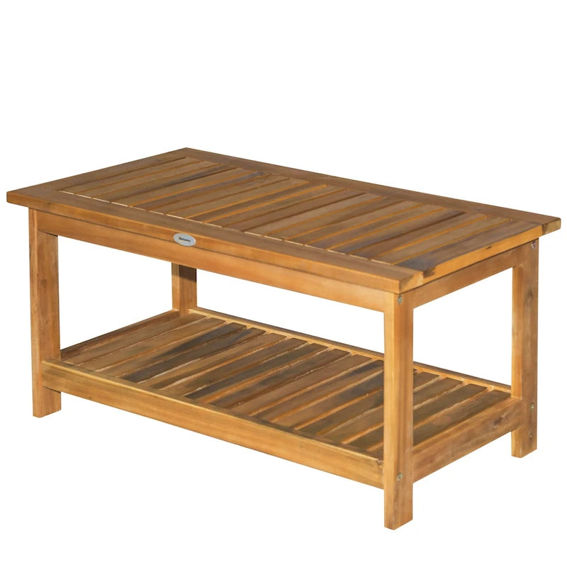 Table basse d'extérieur 2 étagères en bois d'acacia rectangulaire, organisateur de rangement buffet, finition naturelle, pour terrasse, véranda, pelouse, jardin