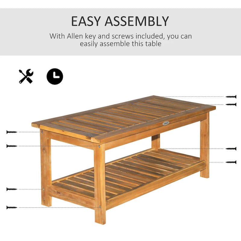 Table basse d'extérieur 2 étagères en bois d'acacia rectangulaire, organisateur de rangement buffet, finition naturelle, pour terrasse, véranda, pelouse, jardin