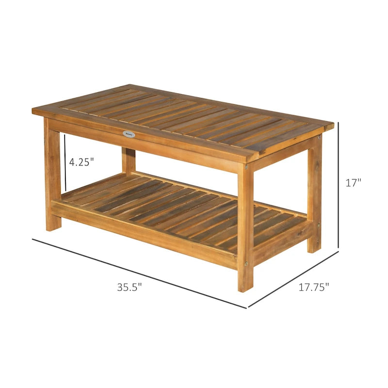 Table basse d'extérieur 2 étagères en bois d'acacia rectangulaire, organisateur de rangement buffet, finition naturelle, pour terrasse, véranda, pelouse, jardin
