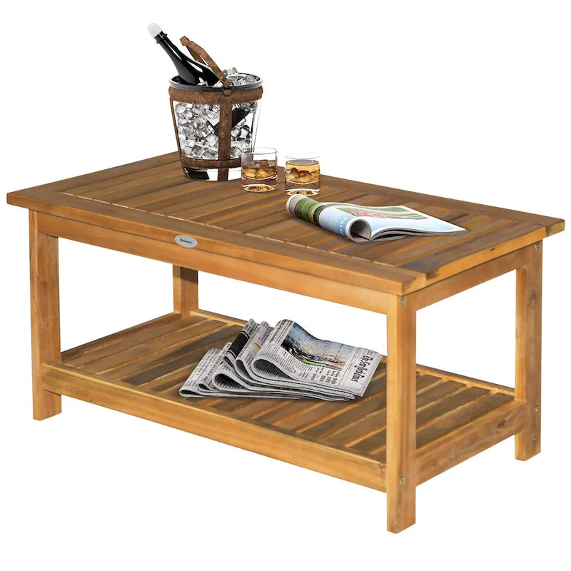 Table basse d'extérieur 2 étagères en bois d'acacia rectangulaire, organisateur de rangement buffet, finition naturelle, pour terrasse, véranda, pelouse, jardin