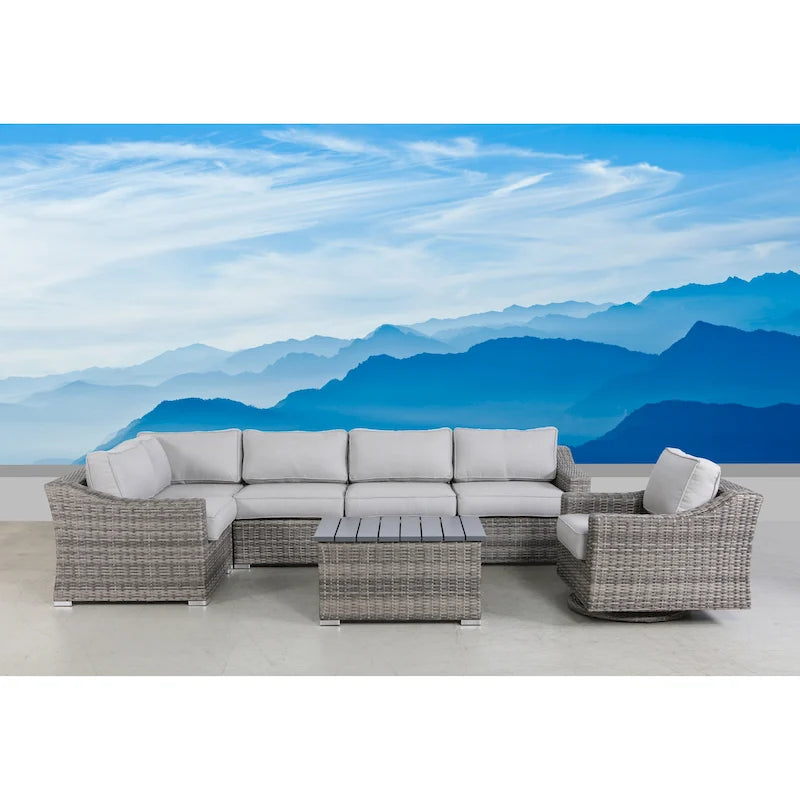 Ensemble de mobilier de jardin modulable 7 pièces gris avec coussins et fauteuils pivotants
