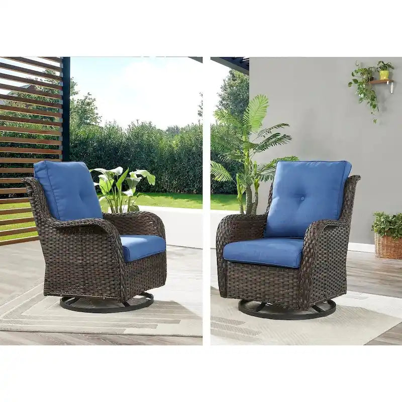 Gymojoy Fauteuil pivotant d'extérieur en rotin et osier avec coussin (Lot de 2)