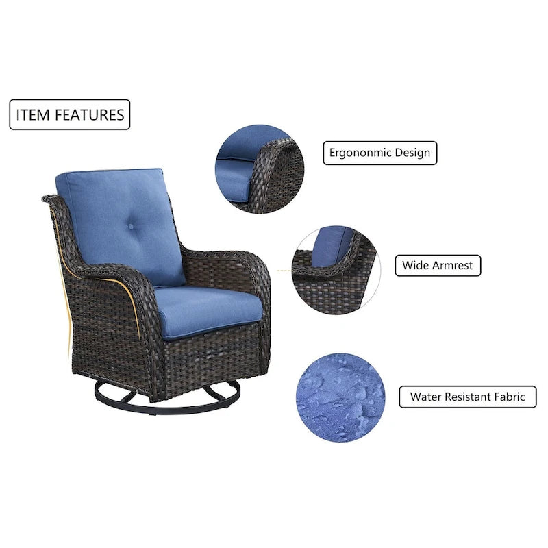 Gymojoy Fauteuil pivotant d'extérieur en rotin et osier avec coussin (Lot de 2)