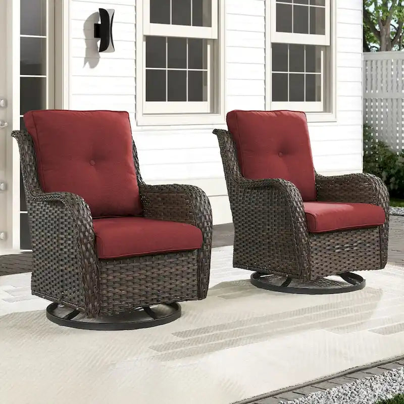 Gymojoy Fauteuil pivotant d'extérieur en rotin et osier avec coussin (Lot de 2)