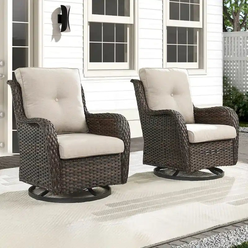 Gymojoy Fauteuil pivotant d'extérieur en rotin et osier avec coussin (Lot de 2)