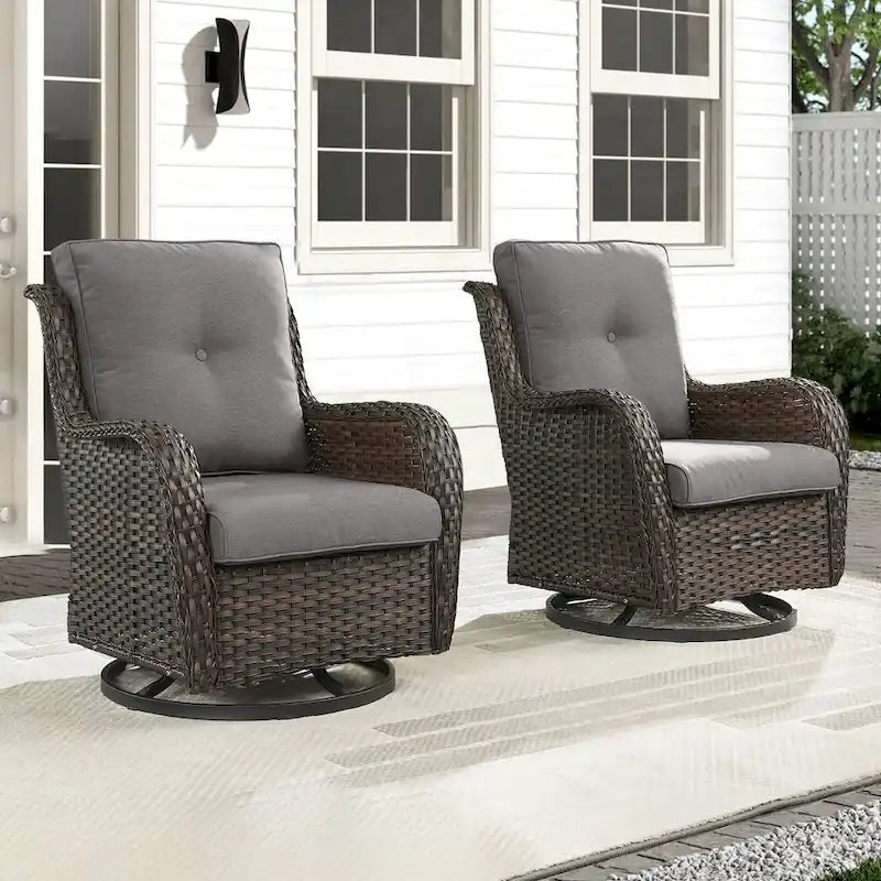 Gymojoy Fauteuil pivotant d'extérieur en rotin et osier avec coussin (Lot de 2)