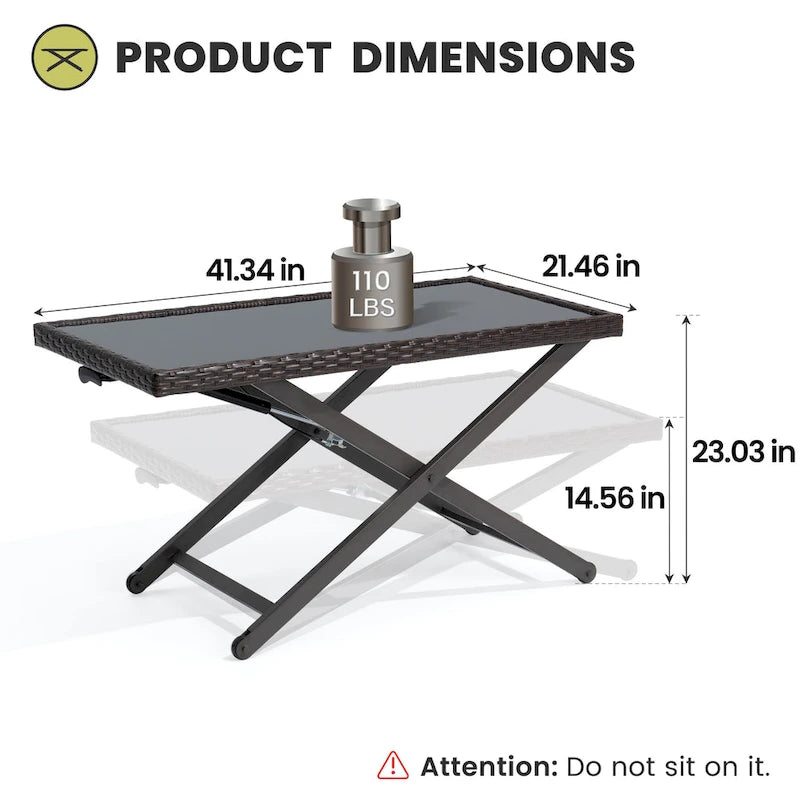 Table d'appoint de table basse d'extérieur compatible avec l'ensemble de conversation, en rotin PE et plateau en verre, hauteur réglable