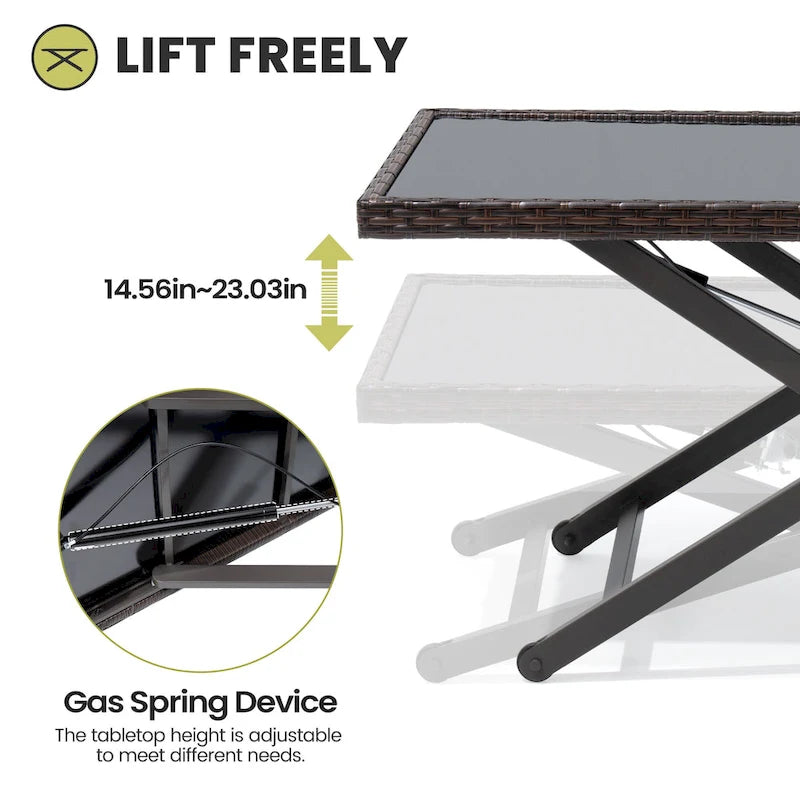 Table d'appoint de table basse d'extérieur compatible avec l'ensemble de conversation, en rotin PE et plateau en verre, hauteur réglable