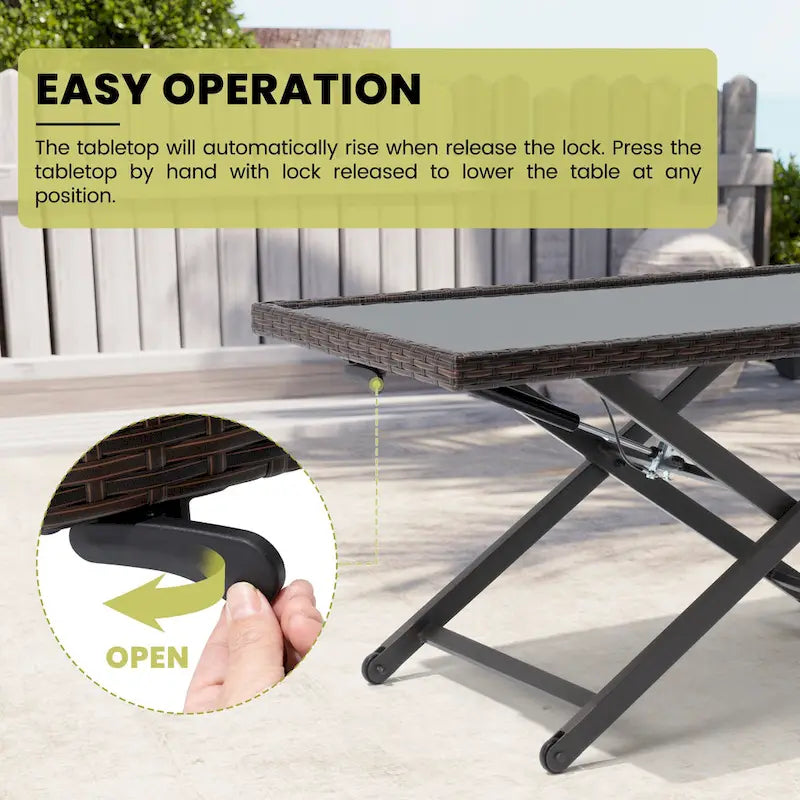 Table d'appoint de table basse d'extérieur compatible avec l'ensemble de conversation, en rotin PE et plateau en verre, hauteur réglable