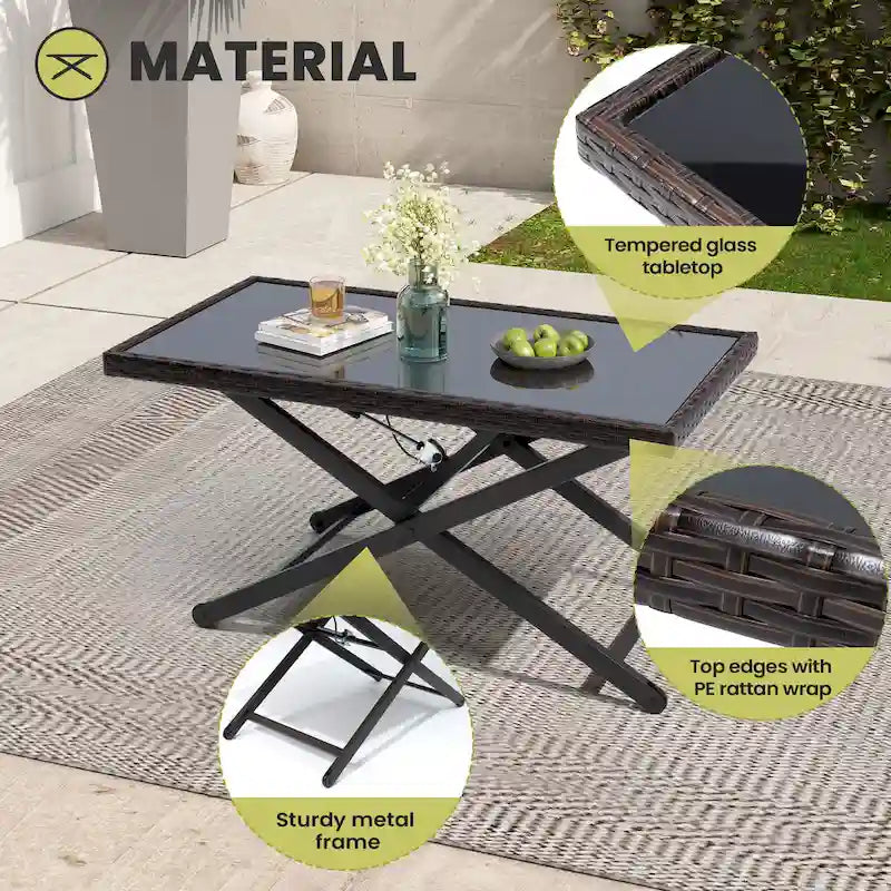 Table d'appoint de table basse d'extérieur compatible avec l'ensemble de conversation, en rotin PE et plateau en verre, hauteur réglable
