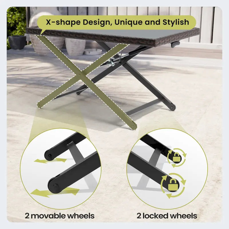Table d'appoint de table basse d'extérieur compatible avec l'ensemble de conversation, en rotin PE et plateau en verre, hauteur réglable