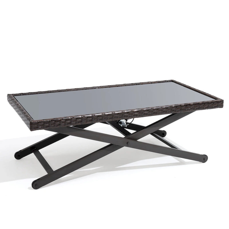 Table d'appoint de table basse d'extérieur compatible avec l'ensemble de conversation, en rotin PE et plateau en verre, hauteur réglable