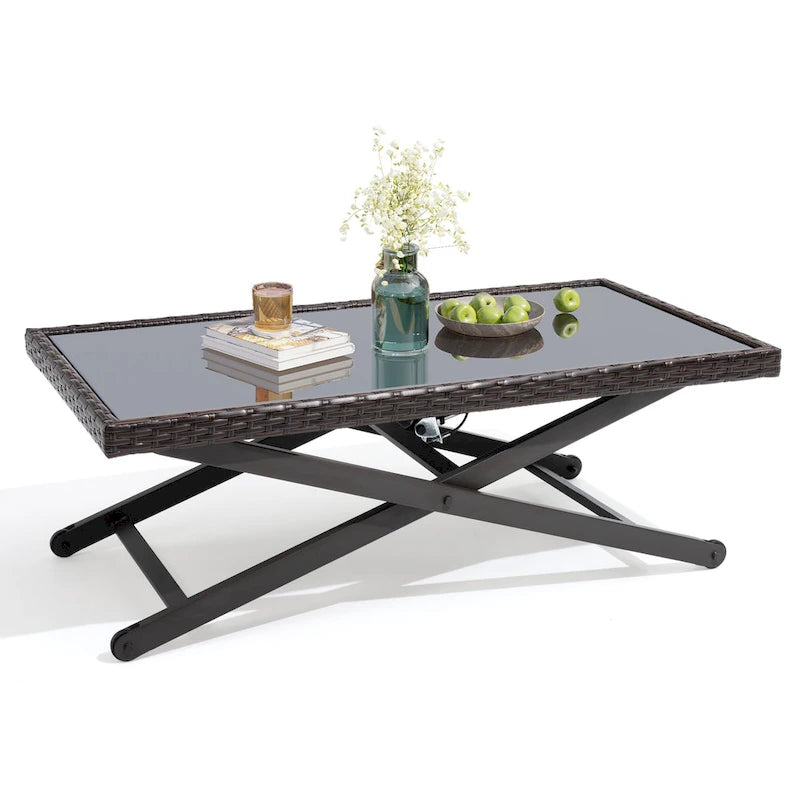 Table d'appoint de table basse d'extérieur compatible avec l'ensemble de conversation, en rotin PE et plateau en verre, hauteur réglable