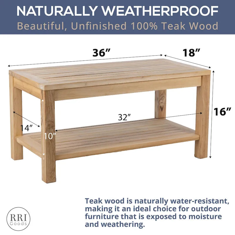 RRI Goods Table de patio en teck, Table basse rectangulaire en bois naturel avec rangement pour balcon, pelouse, jardin