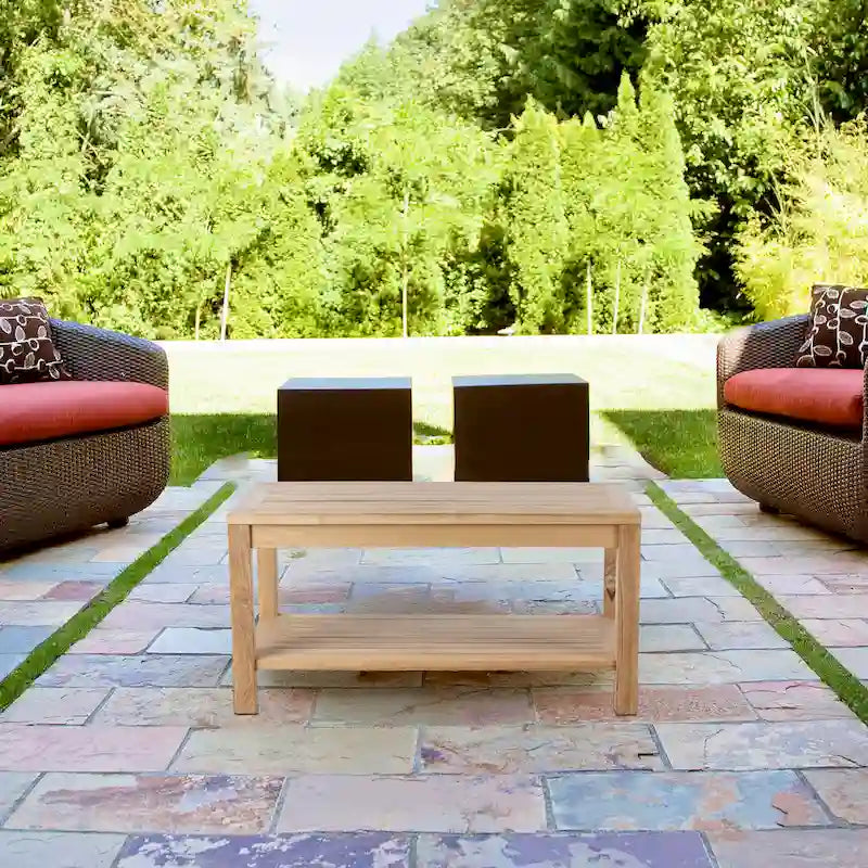RRI Goods Table de patio en teck, Table basse rectangulaire en bois naturel avec rangement pour balcon, pelouse, jardin