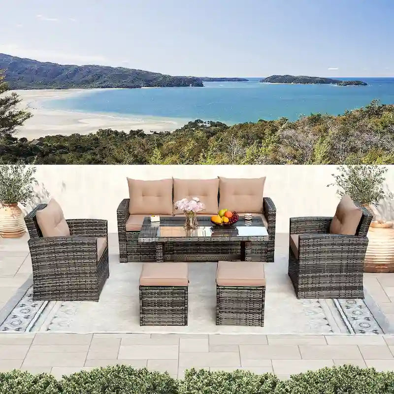 Outdoor Wicker 6-Piece Conversation Sofa Set with Brown Cushions