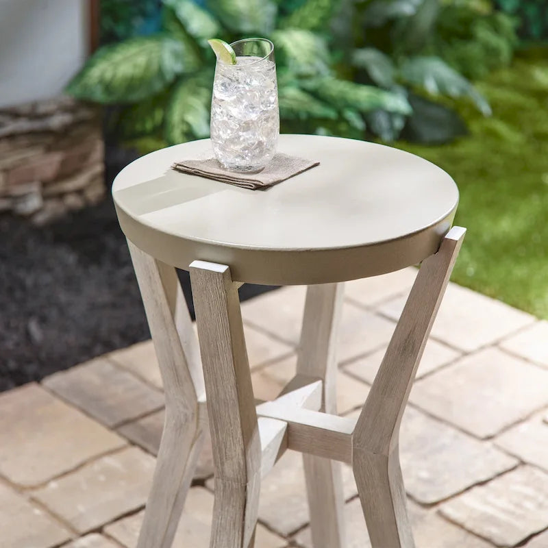 Table d'appoint ronde haute Bali 17, en ciment et bois, pour l'intérieur ou l'extérieur - 17D x 17L x 22H