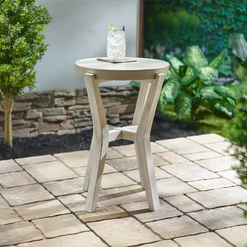 Table d'appoint ronde haute Bali 17, en ciment et bois, pour l'intérieur ou l'extérieur - 17D x 17L x 22H