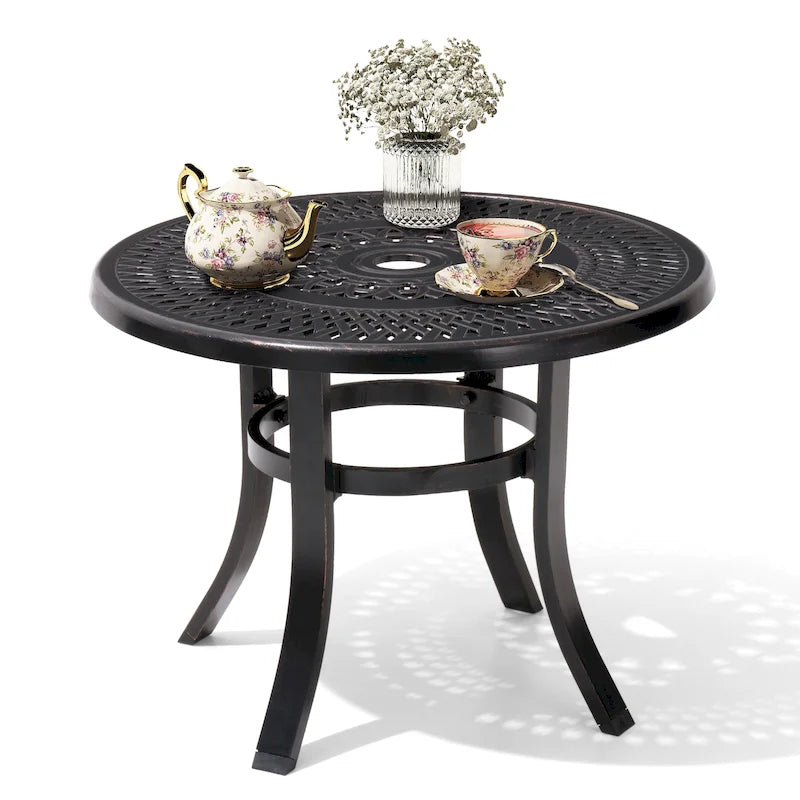 Table d'appoint de patio en aluminium moulé, ronde, d'extérieur avec trou pour parasol - 23,62 po de diamètre x 17,72 po de hauteur