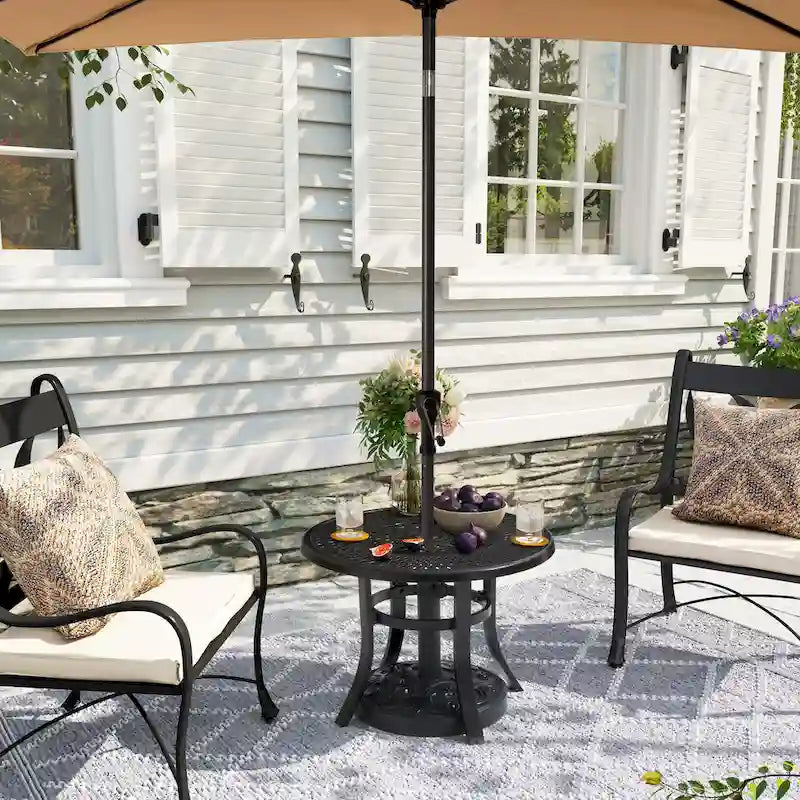 Table d'appoint de patio en aluminium moulé, ronde, d'extérieur avec trou pour parasol - 23,62 po de diamètre x 17,72 po de hauteur